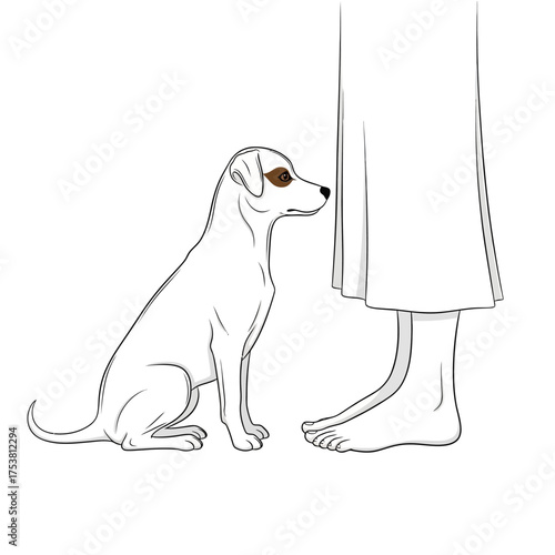 A loyal dog sits patiently by its owners feet, isolated on white background a heartwarming scene of companionship and love, captured in a simple and elegant line drawing