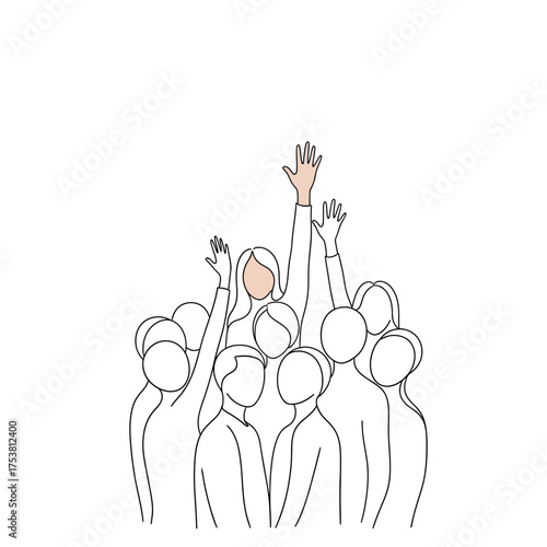 Crowd of people raising hands line art illustration isolated on white background minimalist design representing community, support, and participation with one hand highlighted
