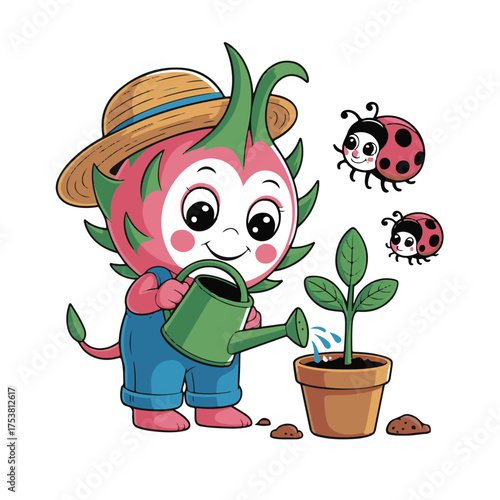 Cute cartoon dragon fruit character wearing a straw hat watering a small green plant in a terracotta pot with ladybugs flying nearby