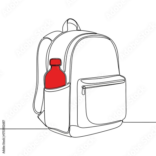 Backpack with a water bottle in continuous line drawing style isolated on white background school bag with a drink in one line art illustration education and travel concept