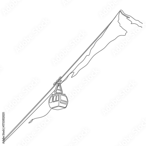 A minimalist line art illustration isolated on white background of a cable car ascending a mountain, showcasing the simplicity and elegance of a winter transport system