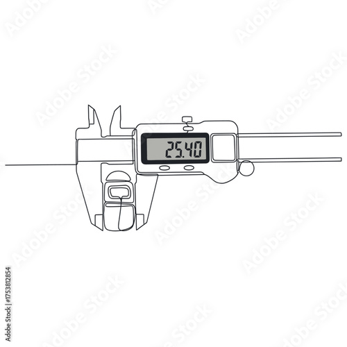 A minimalist line art illustration isolated on white background of a digital caliper measuring a small object, showcasing precision and accuracy in measurement