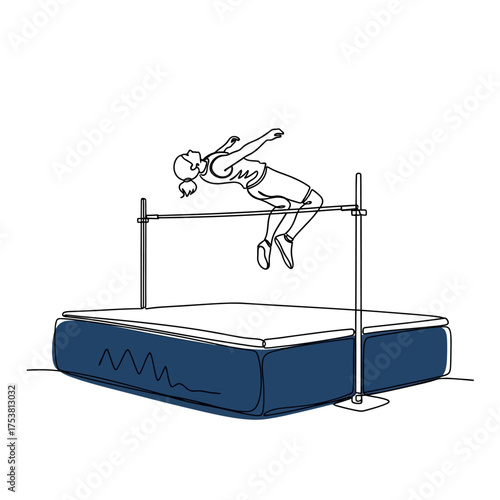 A continuous line drawing of a high jumper isolated on white background, capturing the dynamic movement and athleticism involved in clearing the bar with grace and precision