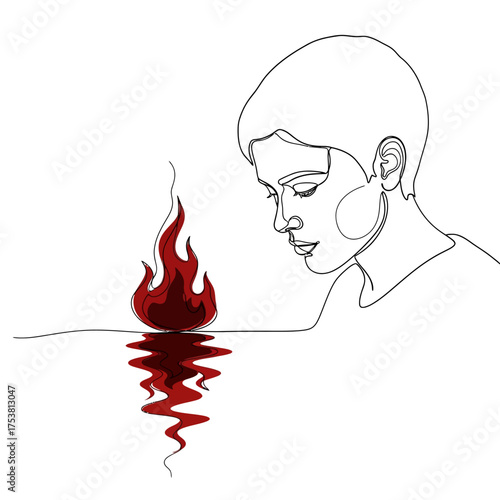 A continuous line drawing of a person contemplating a flame isolated on white background, symbolizing introspection, passion, and the delicate balance between inner turmoil and peace