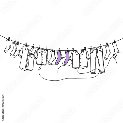 A continuous line drawing of clothes hanging on a clothesline, isolated on white background the minimalist illustration captures the essence of laundry, domesticity, and simplicity in a design