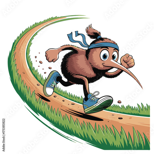 Energetic cartoon kiwi bird character wearing a headband and sneakers running on a dirt path with grass on the side