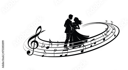 Elegant couple dancing romantically on musical staff with notes in silhouette, perfect for invitations, posters, or celebrating love through music