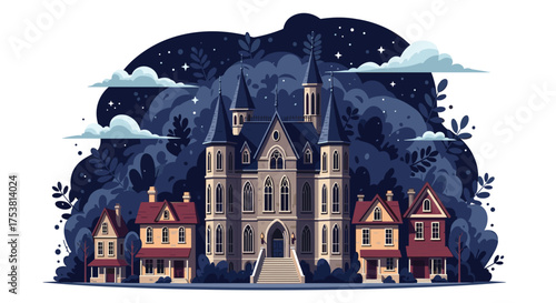 Enchanting cartoon castle surrounded by charming village houses under a mystical starry night sky, perfect for children's books and magical tales