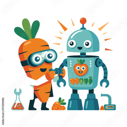 Friendly cartoon robot and happy carrot character with goggles working together on a science project with lab equipment
