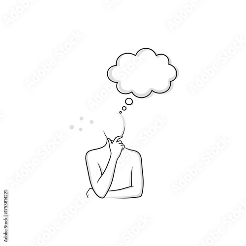 A minimalist line art illustration of a person thinking with a thought bubble above their head, isolated on white background