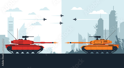 Powerful tanks facing off in urban warfare, military strategy and global conflict, ideal for news, documentaries, and simulations of future combat scenarios