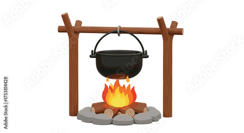 A crackling campfire with a charming cooking pot, perfect for rustic camping adventures and cozy outdoor cooking scenes