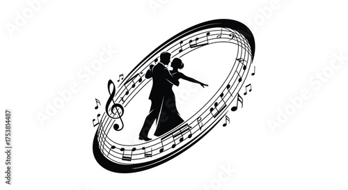 Elegant couple dancing romantically amid flowing musical notes, creating a timeless and artistic design perfect for wedding invitations or dance studio promotions