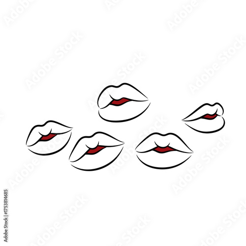 Illustration of multiple lips in various positions, symbolizing beauty, sensuality, and expression isolated on white background