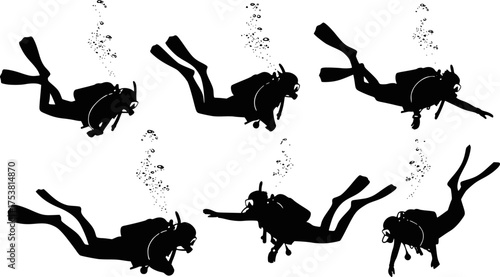 Underwater harmony: silhouettes of scuba divers in motion, monochrome vector illustration. EPS version.