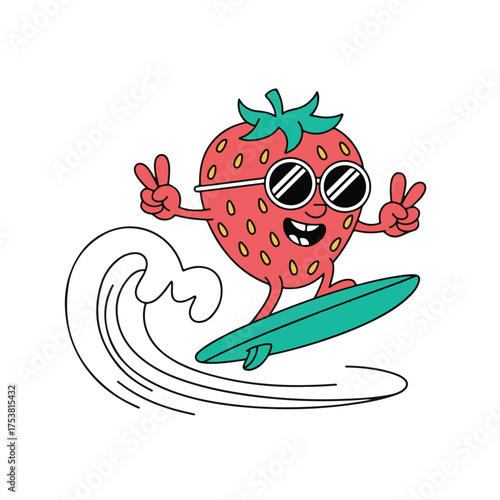 Happy cartoon strawberry wearing sunglasses surfs a green surfboard on a stylized ocean wave with a cheerful expression
