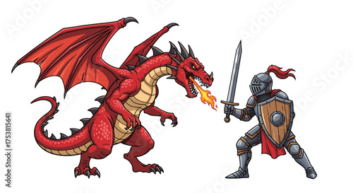 Epic battle scene featuring a brave knight facing a fearsome red dragon breathing fire in a thrilling medieval fantasy adventure setting