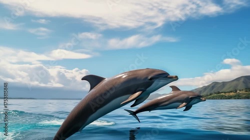 Two dolphins leaping out of the water, with a clear blue sky above and mountains in the distance.