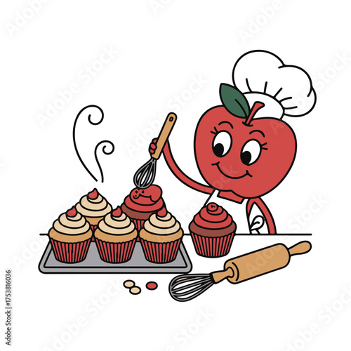 Whimsical anthropomorphic apple character wearing a chef hat decorates delicious cupcakes with frosting in a fun cartoon illustration