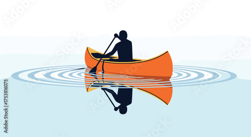 Man canoeing on tranquil water creating ripples with paddle and reflection, perfect for summer adventure, outdoor recreation, and peaceful escape concepts