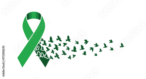 Green ribbon symbolizing hope and freedom as birds take flight, ideal for mental health awareness and community campaigns
