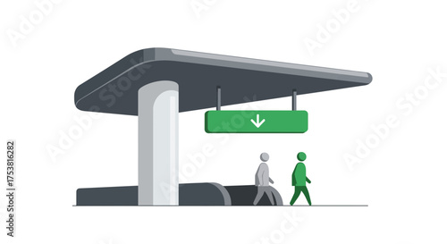 Vector illustration of people descending under canopy with directional sign