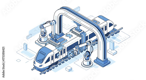 Automated train washing system, robotic arms cleaning train, isometric view