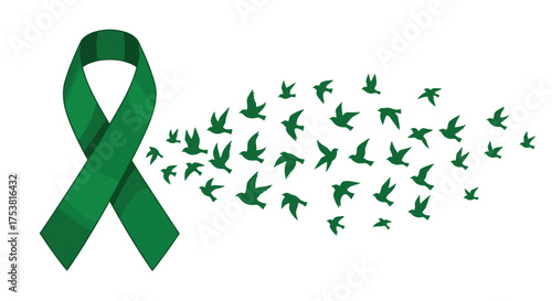 A beautiful green ribbon and birds for mental health awareness, hope, and healing for a brighter future with peace and positivity