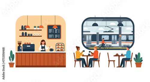 Depiction of a Coffee Shop and Train Commute Scenes in Flat Design Style