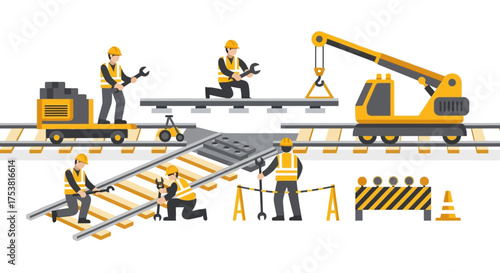 Illustrated railway maintenance crew constructing and repairing train tracks