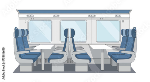 Illustrative train cabin interior featuring comfortable seating and windows