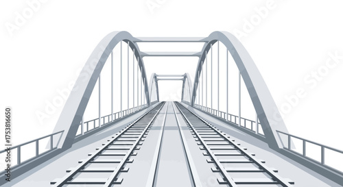 Illustrative steel arch railway bridge perspective view over white background