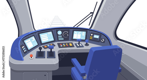 Inside the cabin of a high speed train with driver dashboard panels