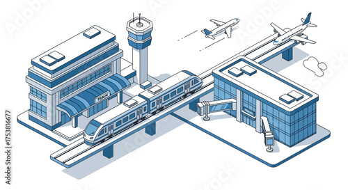 Isometric airport scene featuring planes trains and control tower, seamless travel