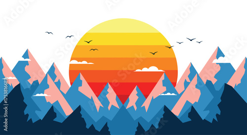 Vibrant sunset paints the sky with warm hues over majestic mountain peaks, silhouetted birds soar gracefully in the distance, evoking a sense of adventure and natural beauty