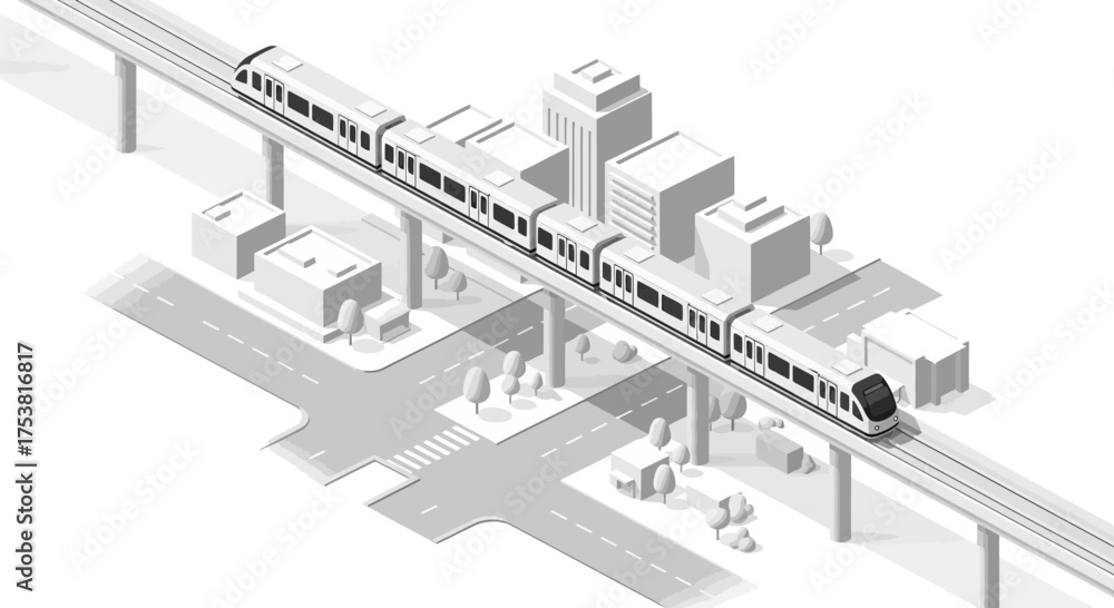 Naklejka premium Isometric illustration showcasing modern metropolis with elevated rapid transit