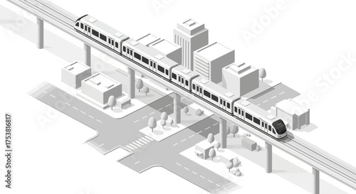 Isometric illustration showcasing modern metropolis with elevated rapid transit