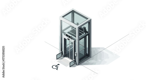 Isometric illustration showcasing modern accessibility-friendly glass elevator design