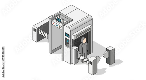 Isometric Illustration of Security Checkpoint with Conveyor and Turnstiles