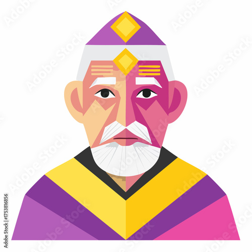 Portrait of a wise old man with a beard and traditional Indian attire.