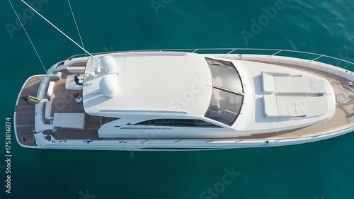Aerial view of a luxurious yacht sailing on clear blue water.