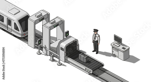 Isometric security checkpoint at railway station with officer and x ray scanner