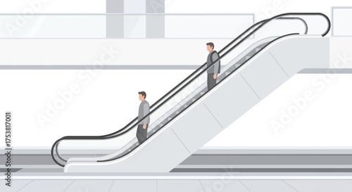Minimalist illustration of people on an escalator in modern building