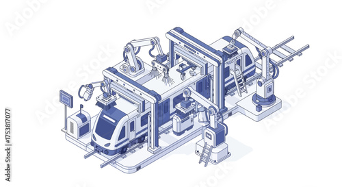 Modern automated train manufacturing factory line process isometric concept
