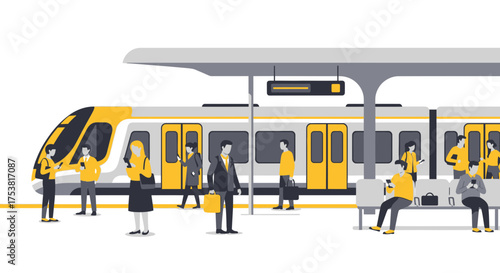 Modern commuters at the train station, a flat vector illustration design