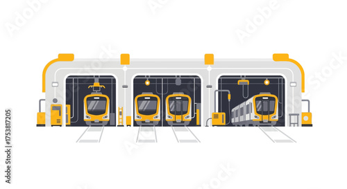 Modern subway trains inside depot maintenance area vector illustration