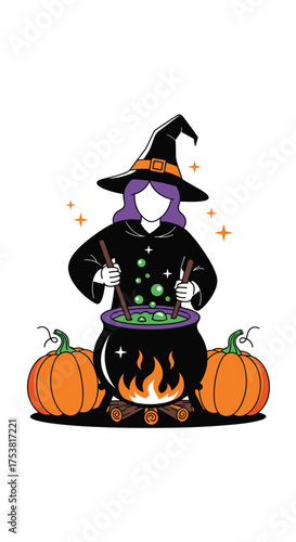 Whimsical witch conjures bubbling potion over campfire surrounded by festive pumpkins creating magical Halloween atmosphere for celebrations and decorations