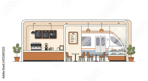 Modern train station cafe with minimalist decor and high speed train view