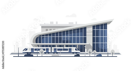 Modern Train Station Illustration with High-Speed Train and Cityscape