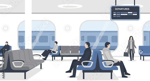 Modern Train Station Waiting Area with Passengers and Departures Board
